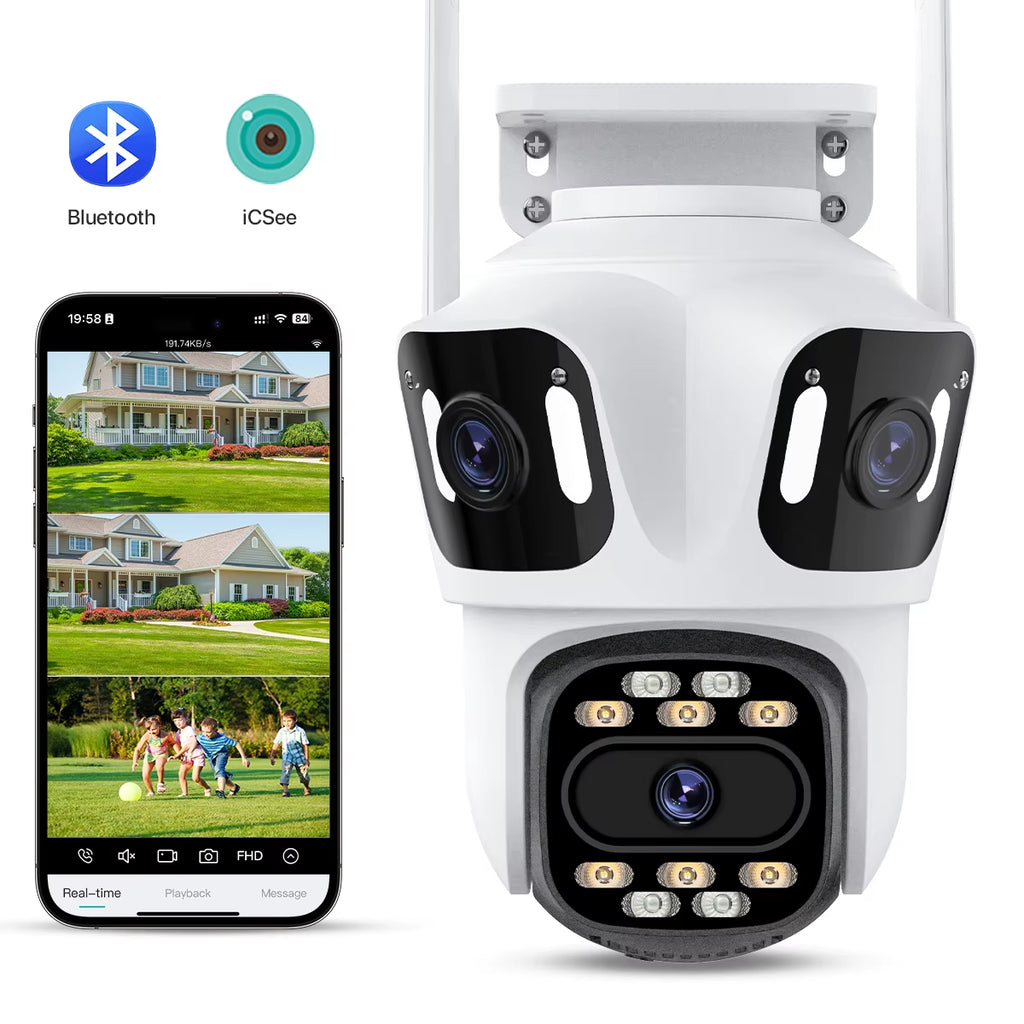 Three Lens PTZ IP Camera Outdoor HD Three Screen Wifi Security Camera Auto Tracking Dual Len Wirelss CCTV Camera Icsee