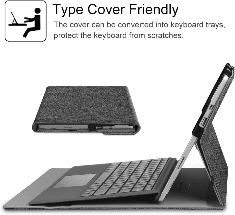 Case for Microsoft Surface Pro 7 Plus, Surface Pro 7/6/5/4/3 12.3 Inch Tablet - Multiple Angle Viewing Portfolio Business Cover, Compatible W/Type Cover Keyboard, De-Charcoal
