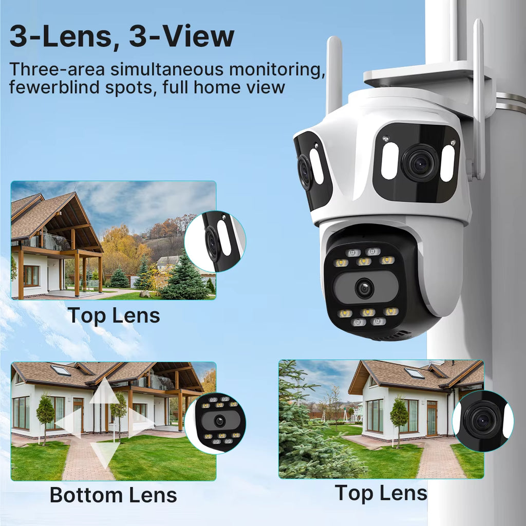 Three Lens PTZ IP Camera Outdoor HD Three Screen Wifi Security Camera Auto Tracking Dual Len Wirelss CCTV Camera Icsee
