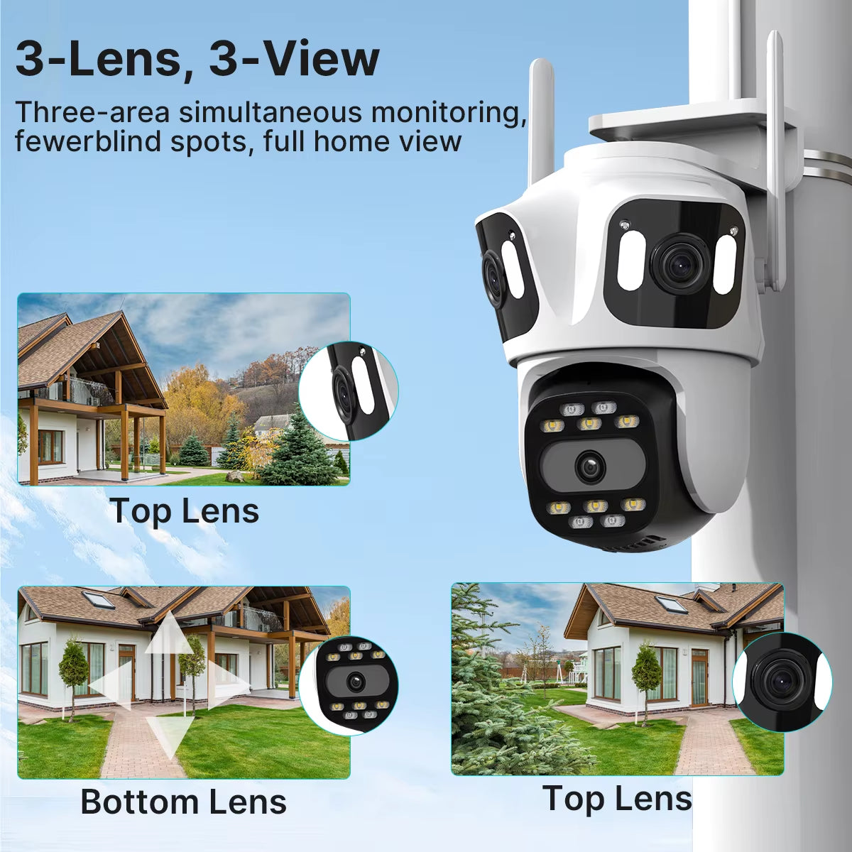 Three Lens PTZ IP Camera Outdoor HD Three Screen Wifi Security Camera Auto Tracking Dual Len Wirelss CCTV Camera Icsee
